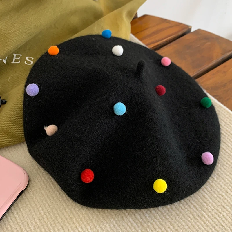 RH Girls Beanies Artist Painter Hat Sugar Bean Little Ball Woolen Felt Cute Sweet Women Beret Hat