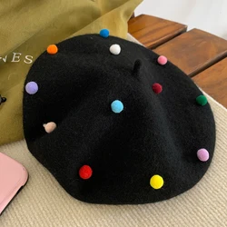 Girls Beanies Artist Painter Hat Sugar Bean Little Balls Woolen Felt Cute Sweet Women Beret Hat