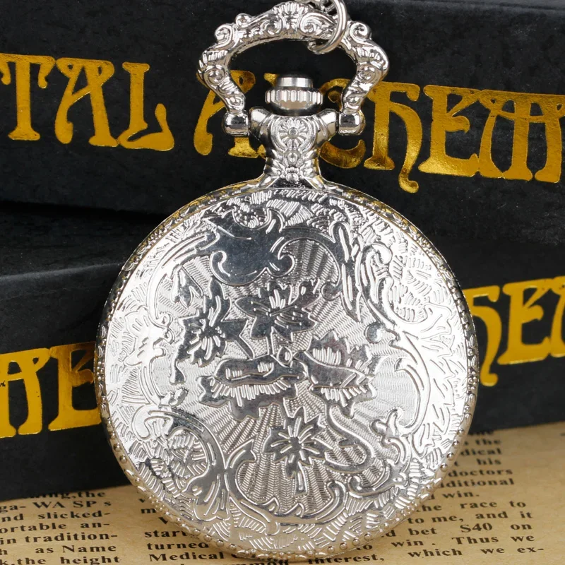 Silver Embossed DAD Fashion Hollow Creative Exquisite Quartz Pocket Watch With Necklace Chain