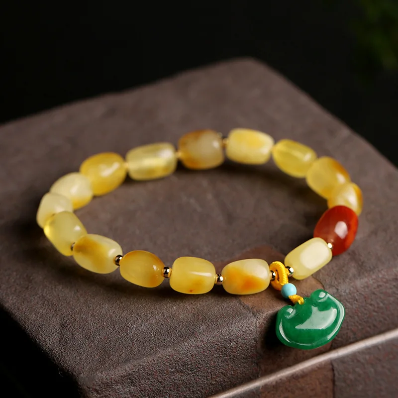 Natural Amber Freeform Beaded Bracelet with Emerald Dark Green Peace Lock Buddhist Prayer Beads for Women Gifts