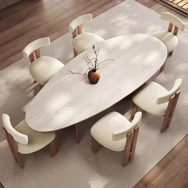 Nordic French Retro Oval Antique Wood Dining Room Table Walnut Restaurant Dinner Table and Chairs Set Kitchen Furniture