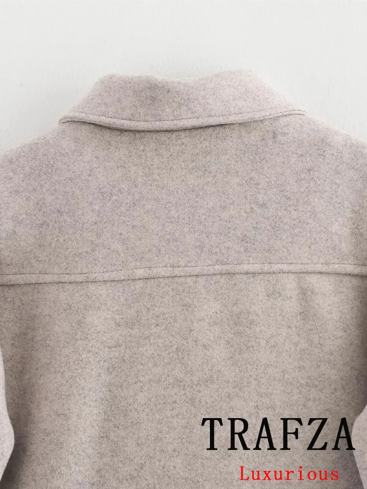 TRAFZA Casual Vintage Chic Women Overcoat Solid Pockets Zipper Pockets Short Loose Coat Fashion 2024 Autumn Winter Warm Jackets