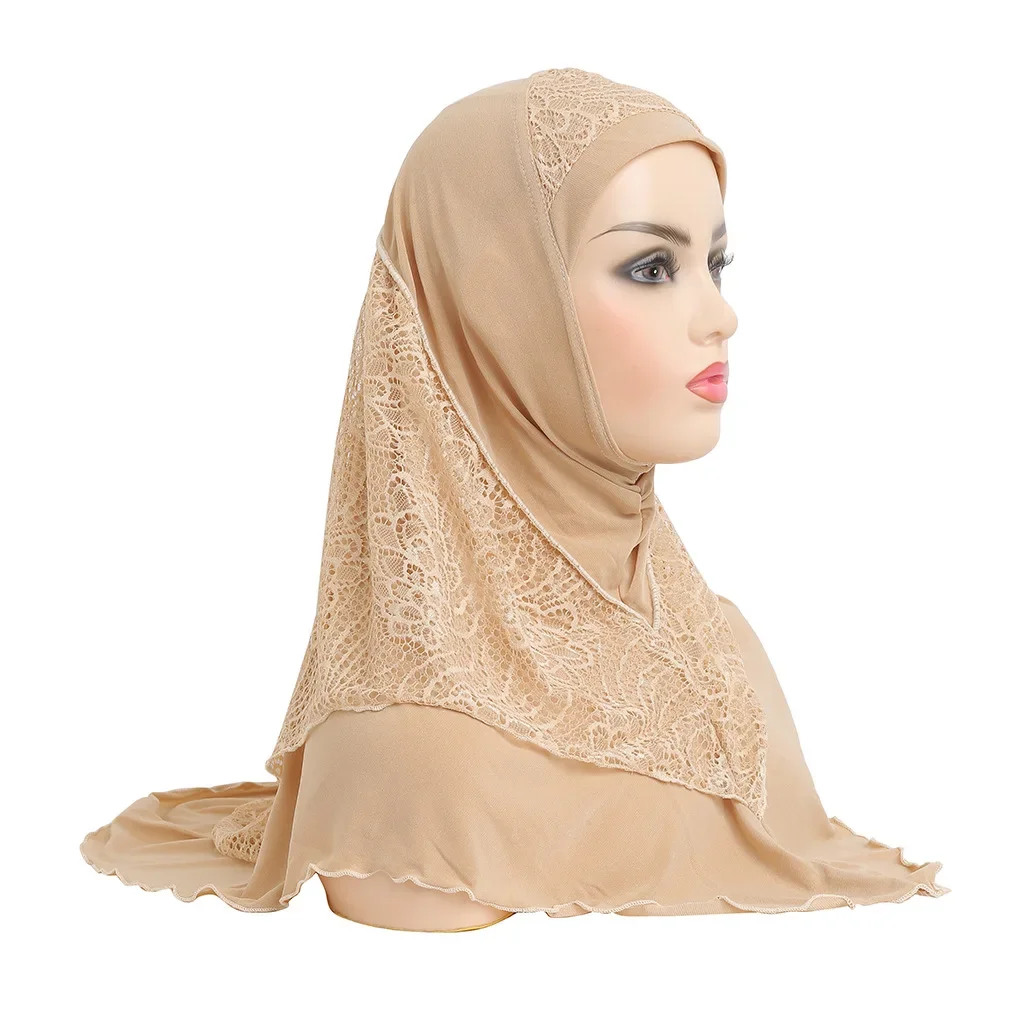 H126 High Quality Medium Size 70*60cm Muslim Amira Hijab with Lace Pull on Islamic Scarf Head Wrap Pray Scarves Women\'s Headwear