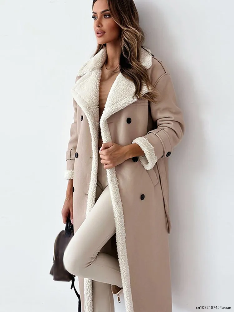 Fur Leather Long Jacket Coats Women Belt Lambswool Long Sleeve Turndown Collar Pocket Female Coat Autumn Winter Lady Overcoat