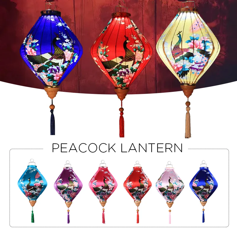 

12/14Inch Traditional Chinese Style Silk Lantern Retro Peacock Pattern Hanging Lantern Vietnam Japan Spring Festival Party Decor