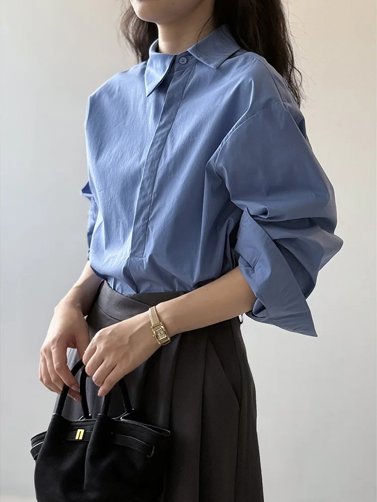 

Retro Asymmetric Long Sleeve Shirt Spring Autumn Design Pure Color Women's Base Layer Top Blue White Vintage Style Loose Fit