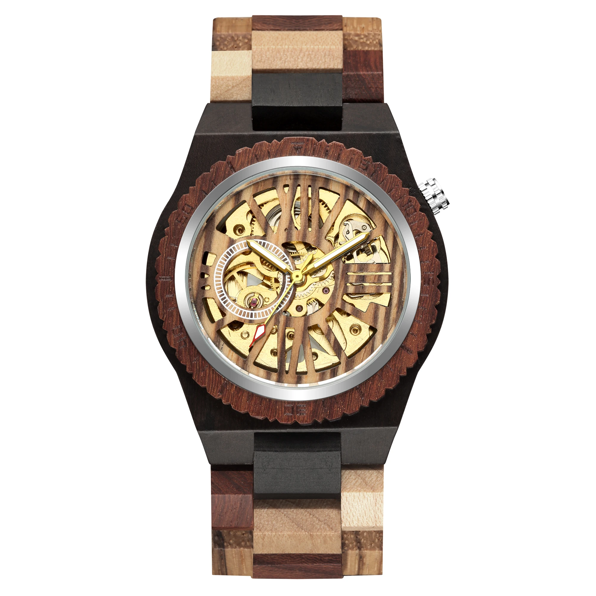 Top Brand Luxury Mens Watches Round Automatic Watch for Men Fashion Wood Clock Adjustable Wooden Braacelet Mechanical Wristwatch