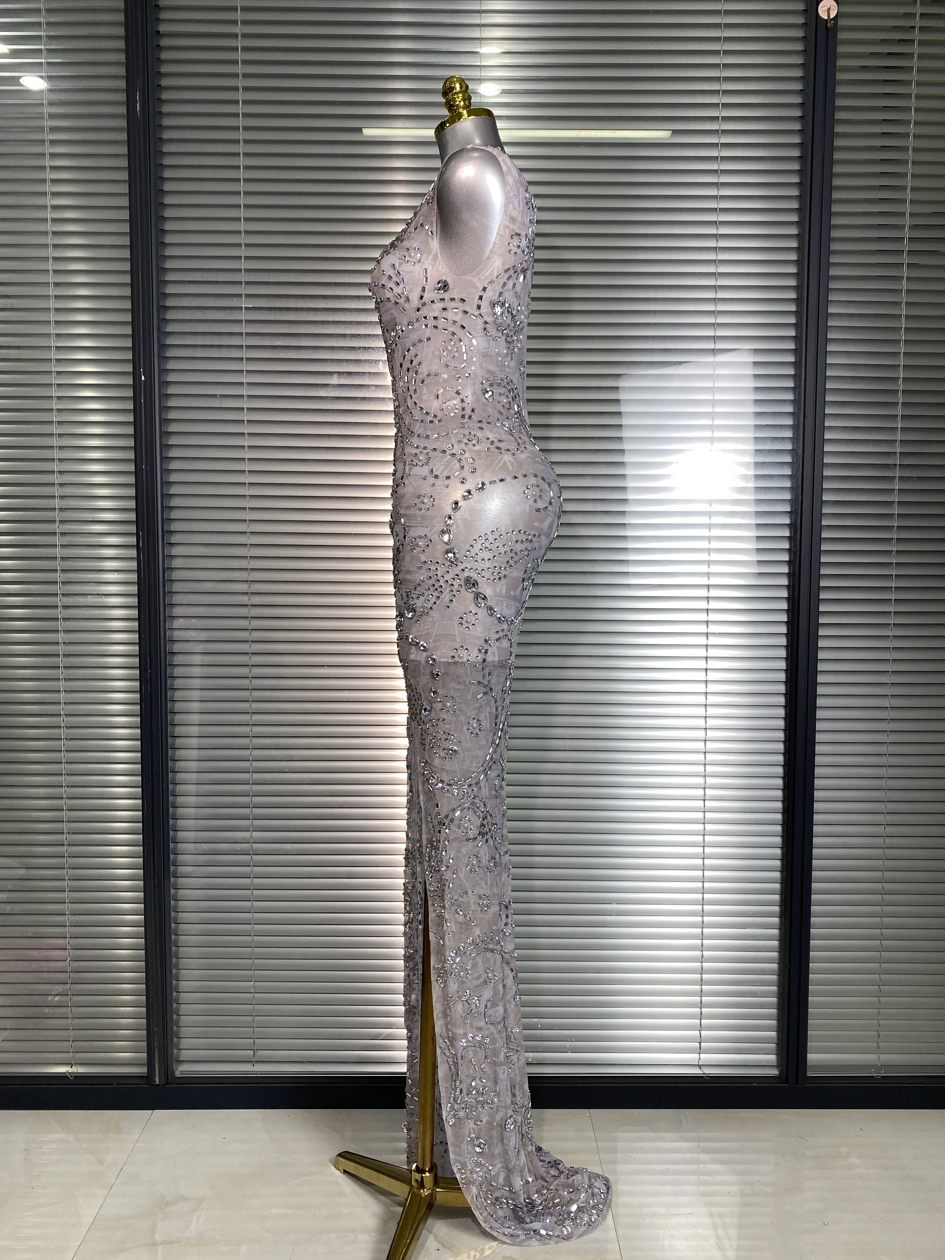 New Women Sexy Crystal Diamonds Silver Printed Sheer Mesh Celebrity Party Costume Maxi Dress