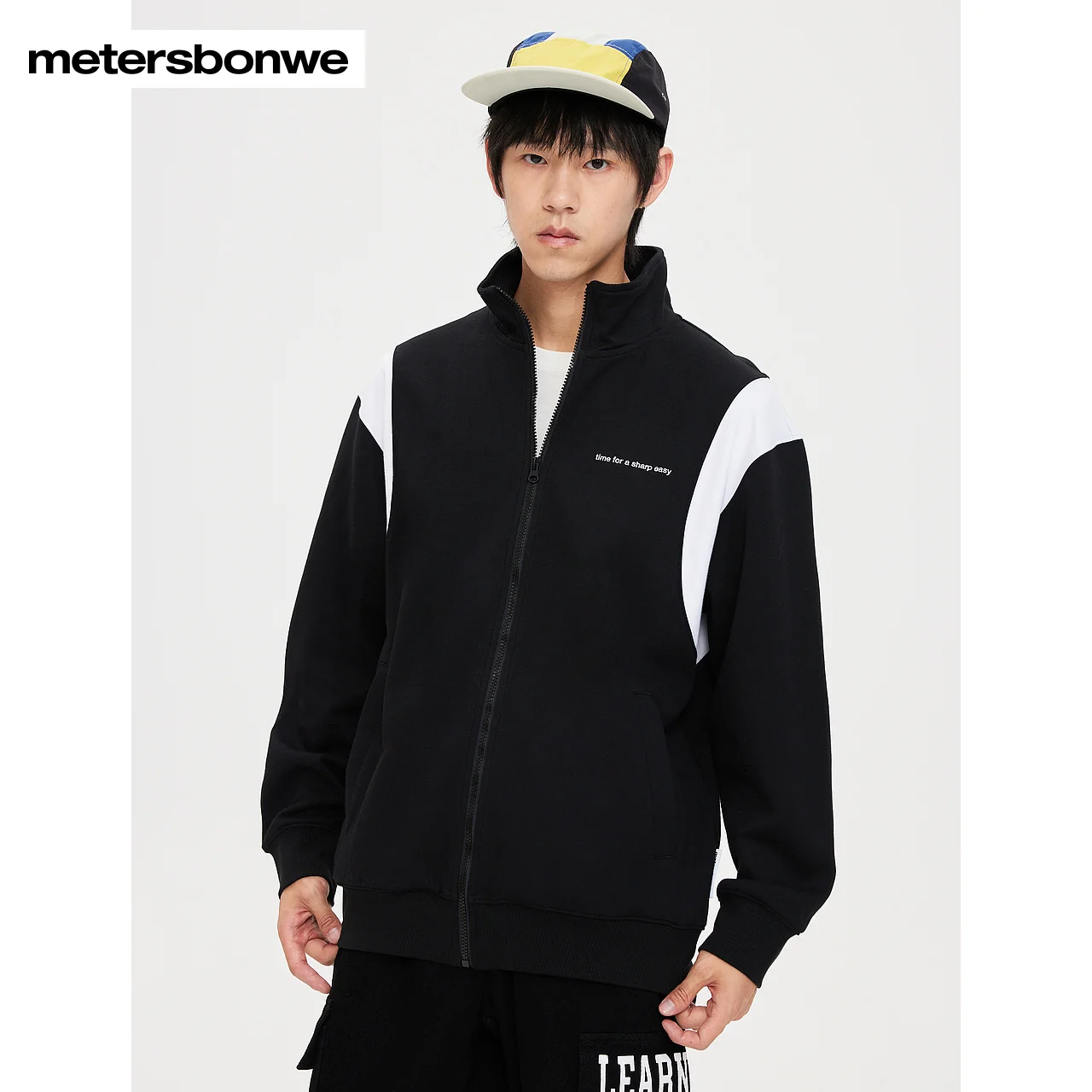 Metersbonwe-Men's Stylish Stand Collar Design Knit Cardigan Back Print Color Clash Jackets Trendy Street Autumn