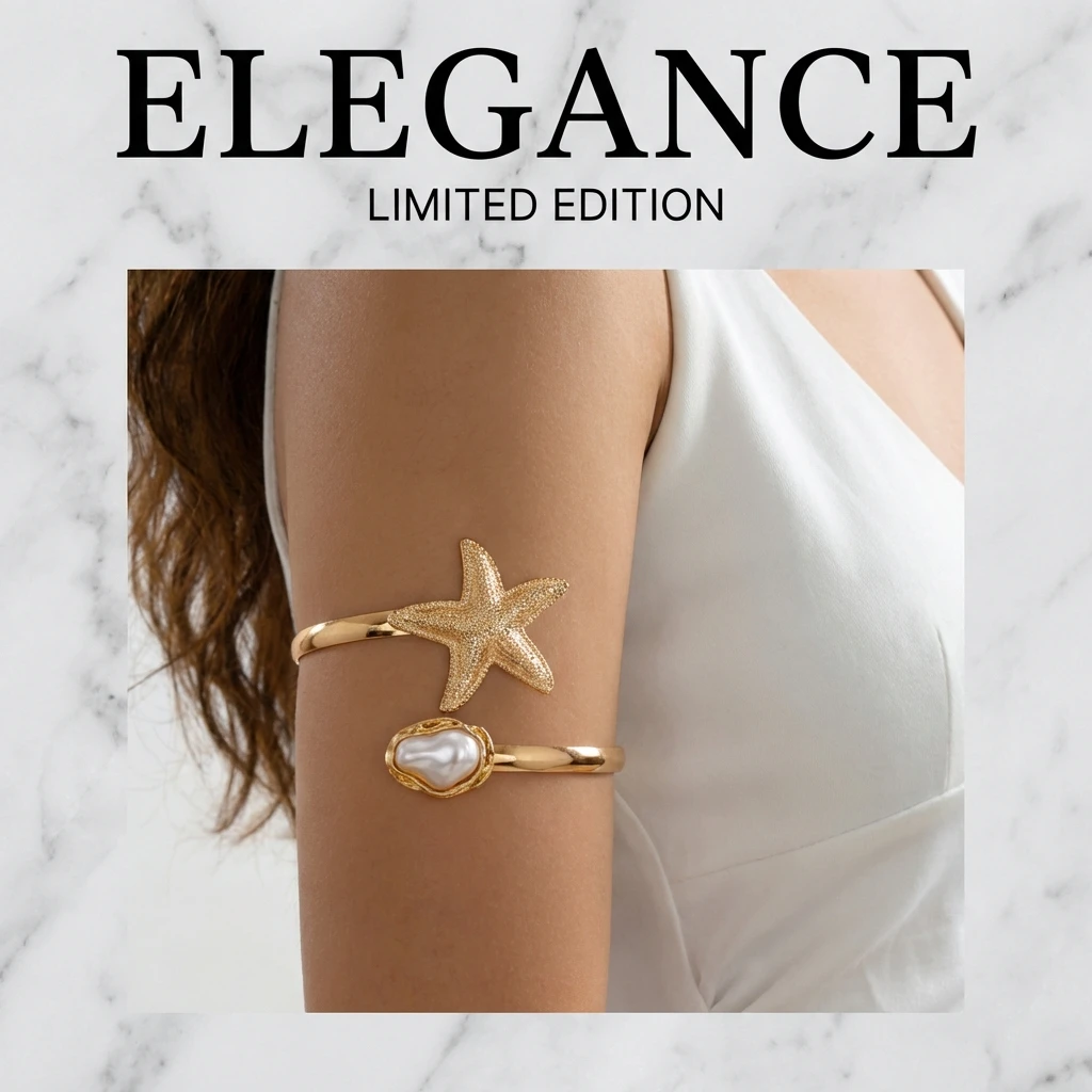 Mermaidcore Seestern Oberarm-Manschette Armband Goldfarben Perlen-Charm Armreif Sommer Ozean Strand Schmuck für Frauen – Detail 2