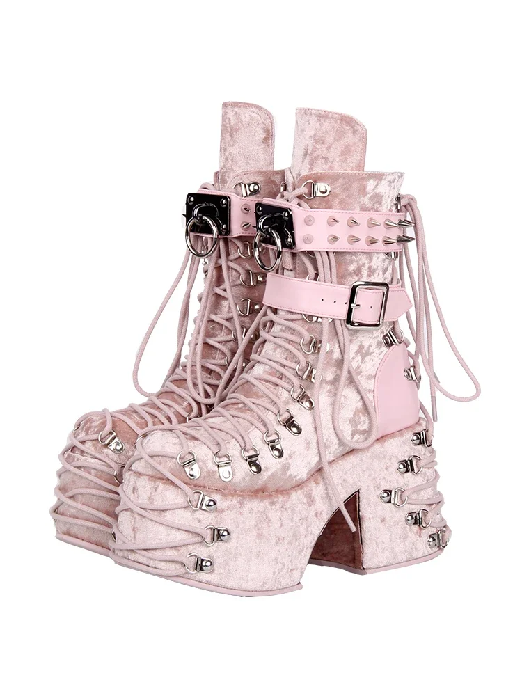 2025 Lolita Punk Shoes Round Head Ultra High Heels Sponge Cake Queen Shoes Japanese Sweet Princess Boots