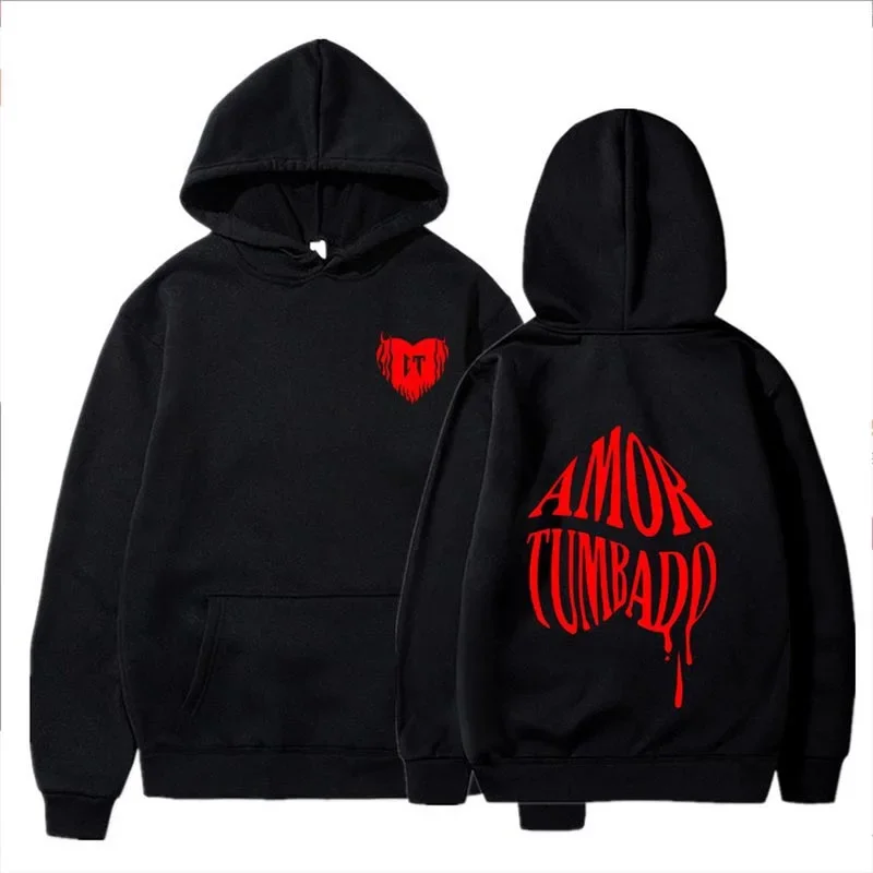 

LE 2024 Red Heart Print Hoodies Men's Spring Autumn New Fashion Black Tops Funny Loose Male Clothing Fashion