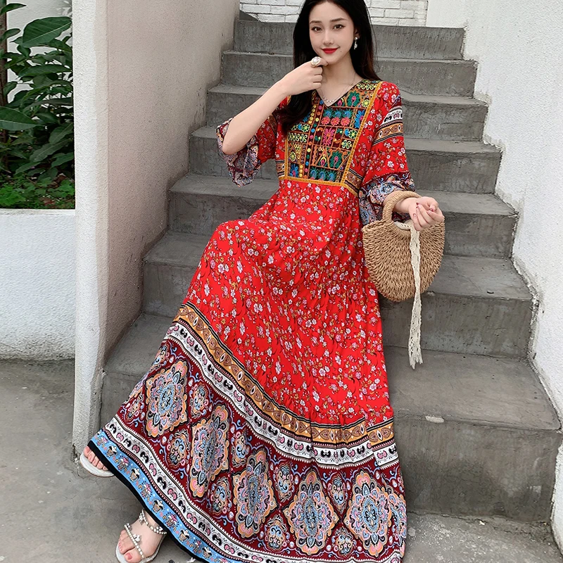 Abito lungo da spiaggia estivo Boho Abito da donna maxi abito da vacanza in cotone stampato stile etnico allentato casual