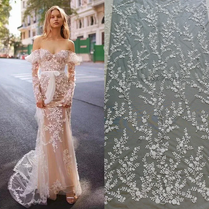 

Off-White 3D Flowers Beaded Sequins Embroidered Lace Fabric Wedding Dress Shining Bride Fabric RS4835