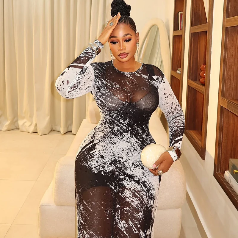 ชุดเดรสยาวรัดรูปพิมพ์ลายเซ็กซี่ ผ้าซีทรู สำหรับผู้หญิง ทรงเข้ารูป ยืดหยุ่น เหมาะสำหรับงานปาร์ตี้กลางคืน แขนยาว คอทรงโอ ชุดเดรสวันเกิด