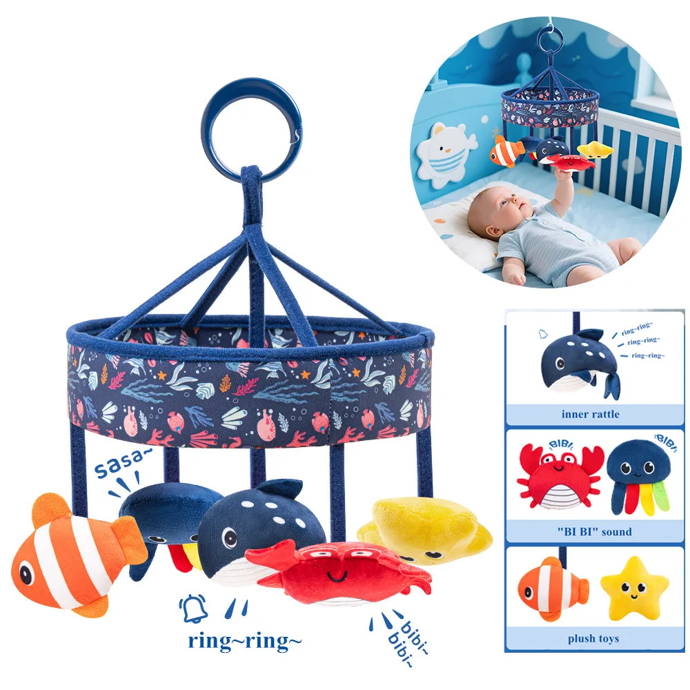 Hochet suspendu de chevet de bébé en peluche douce, jouets kawaii, poisson d'océan en peluche, berceau Musical, anneau de hochet Mobile rotatif, jouets éducatifs