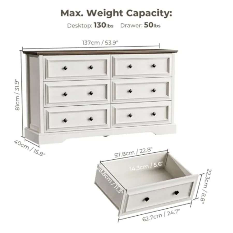 Farmhouse 6 Drawer Dresser for Bedroom, 54