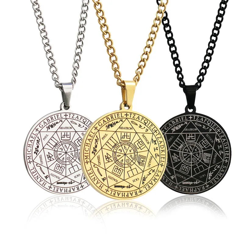 3 Color Seven Angels Magic Circle Pendant Necklace Scripture Religious Totem Rune Stainless Steel Round Plate Men Jewelry Gift