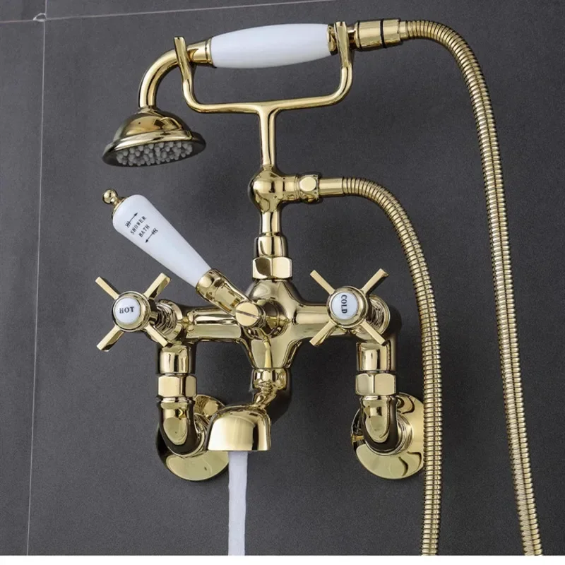 Bathroom Bathtub Faucet Set Brass Wall Mounted American Style Classical Cross Handle Gold Chrome Finished Wall Mounted