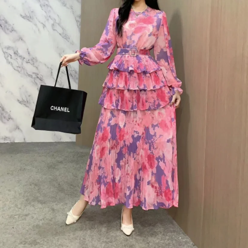 

Spliced Ruffles Ankle Length Dresses Long Sleeve Print O Neck Dress Pleated Casual Loose Fit Folds Vestidos Pullover Sashes