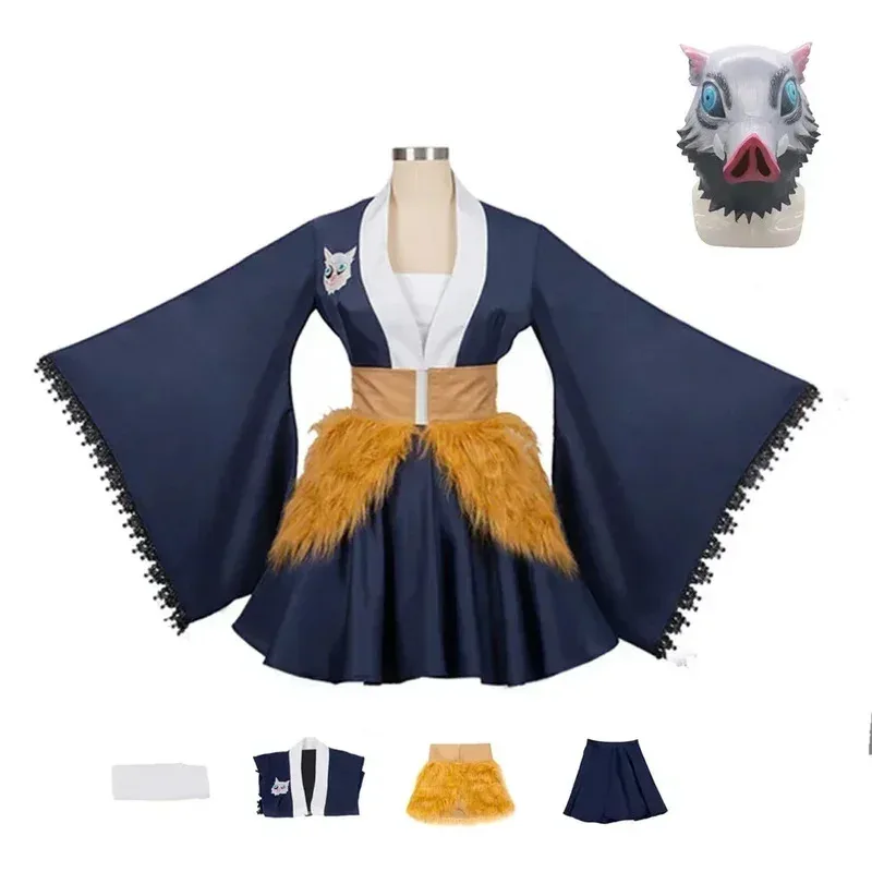 Demon Slayer Hashibira Inosuke Cosplay Costume Halloween Anime Fancy Girls Skirts Dress Clothes Mask Wig Set Outfit