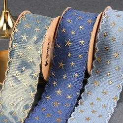 5yards 25/40MM Denim Cloth Gold Star Stamped Ribbon for Clothing Sewing Supplies DIY Hair Bows Hat Decor Craft Accessories