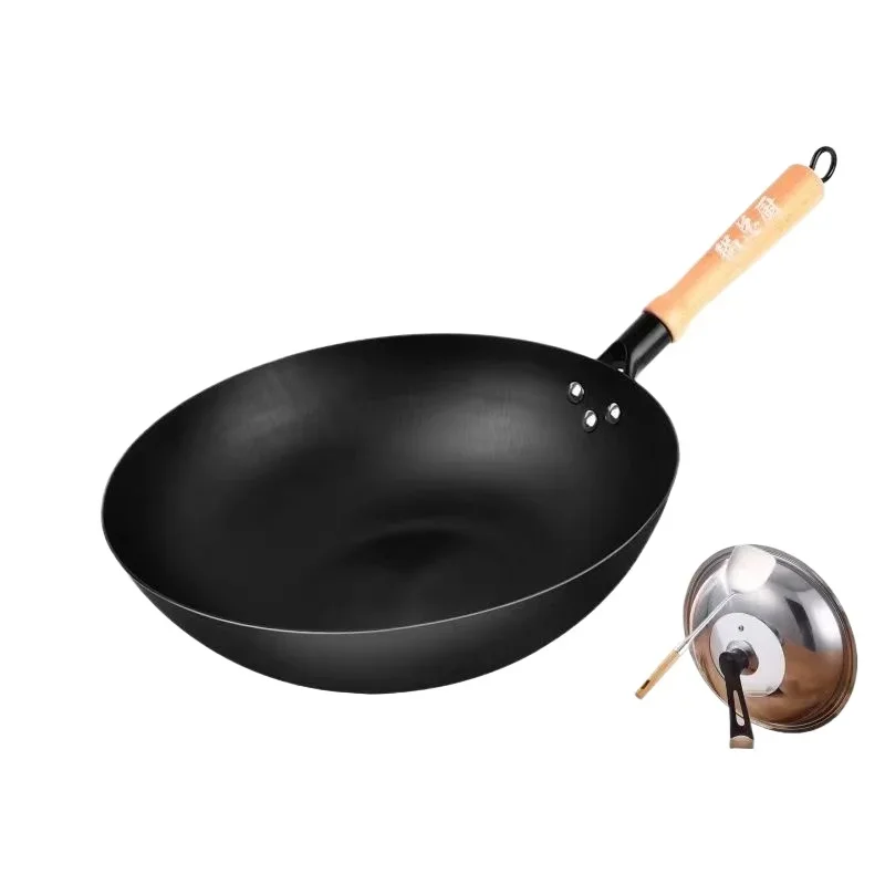 32cm Wok Pan,Woks & Black Carbon Steel Stir Fry Pans,Gas,Cooktop,Nitriding Kitchen Cooking Pot,Round Bottom Chinese Wok