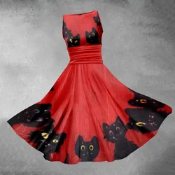 Thriller Halloween Sleeveless Dresses Women Mid Length  Loose Printed Dress Lady High Waisted Party Holiday Spring Summer