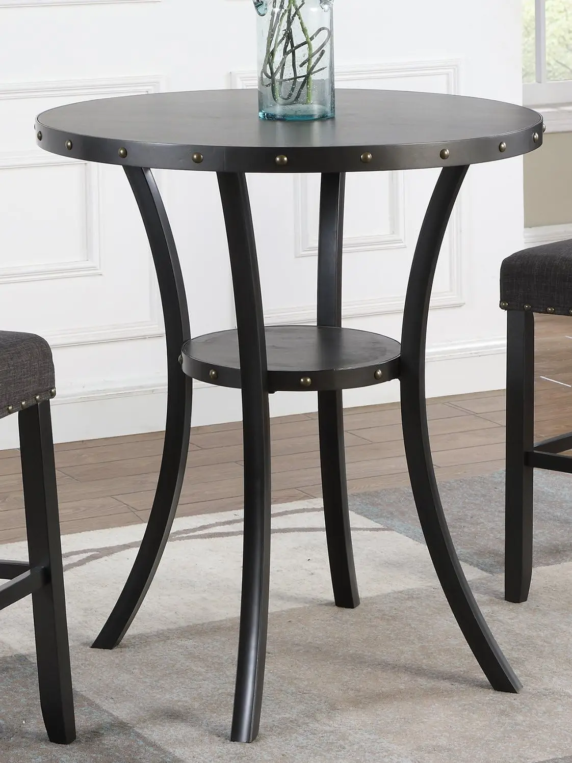 Furniture Biony 3-Piece Round Espresso Bar Table with Nail Head Stools, Gray
