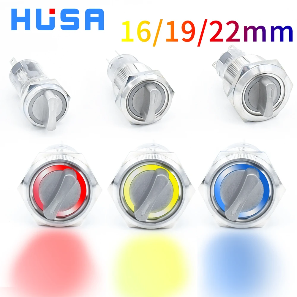 16 19 22mm Push Button Switch Metal Rotary  2/3 position self-locking self-reset retaining type with LED NO NC red blue green