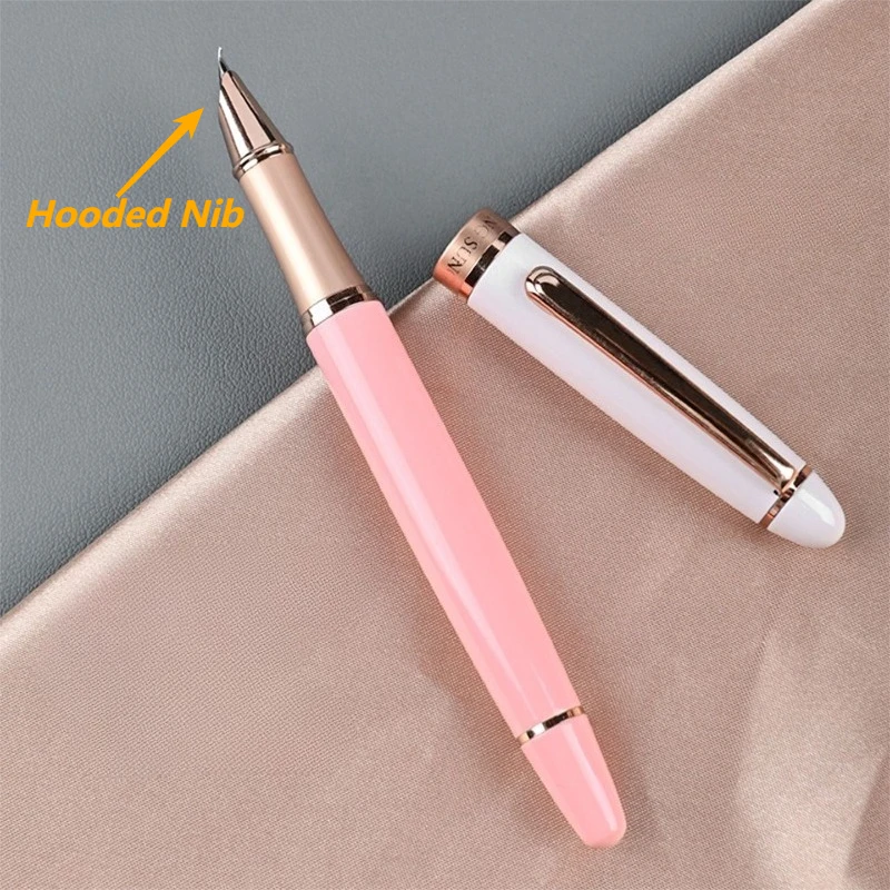 

2026 Wingsung Pink Black Metal Fountain Pens Hooded Nib 0.6/1.5mm Bent Tip Ink Pen Elegant Design Office Daily Writing Gifts