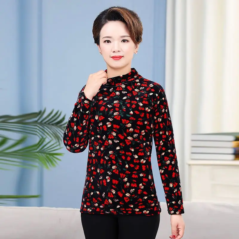 Autumn and Winter New Half-turtleneck Printing Splicing Fleece for Warmth Supple Versatile Long Sleeves Bottom Shirt