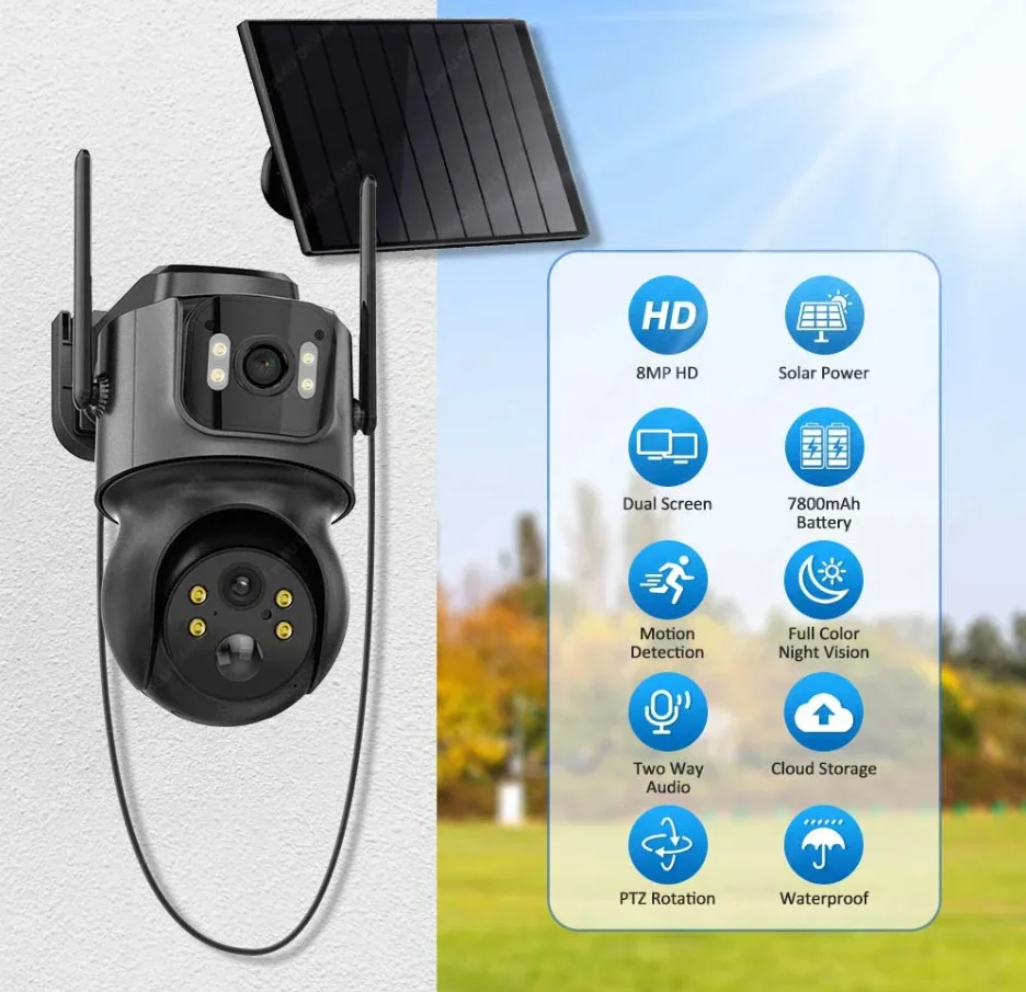 ICsee في الهواء الطلق واي فاي كاميرا تعمل بالطاقة الشمسية عدسة مزدوجة لوحة طاقة شمسية المدمج في بطارية كاميرا متحركة لاسلكية 4MP الأمن عدسة مزدوجة كاميرا تعمل بالطاقة الشمسية #2
