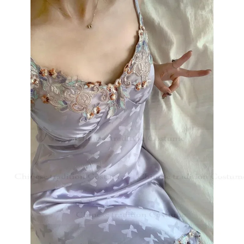 

Sexy Purple Satin Embroidery Lace Lingerie Sleepwear Women Nightgown Short Spaghetti Strap Summer New Home Dress Nightdress