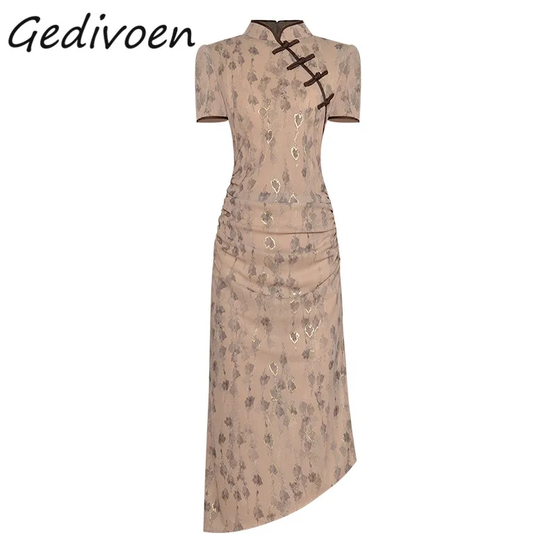 Gedivoen Summer Fashion Runway Vintage Party Print Dress Women Stand Collar Button Gathered Waist Ruched Irregularity Long Dress