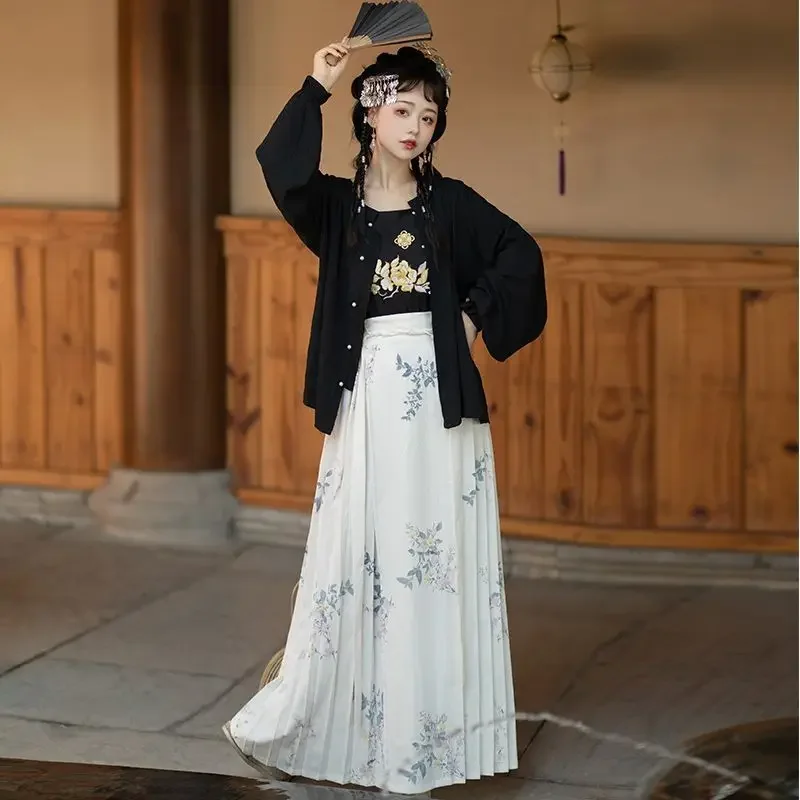 

Original Ming Dynasty Round Neck Cardigan Suspenders Pleated Skirt Hanfu Suit 3pcs Women Summer Modern Hanfu Chinese Clothes