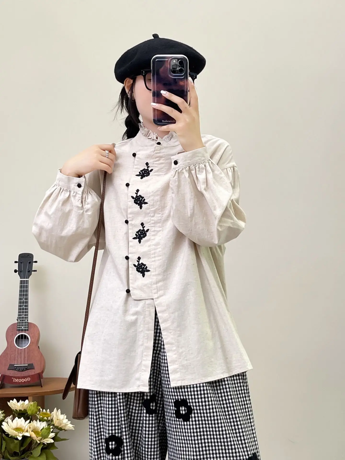 New Autumn Cotton Long Sleeve Shirt, Women Floral Embroidery Simple Top, Mori Girl Fashion Loose Blouses, 2024 Winter T48827QM