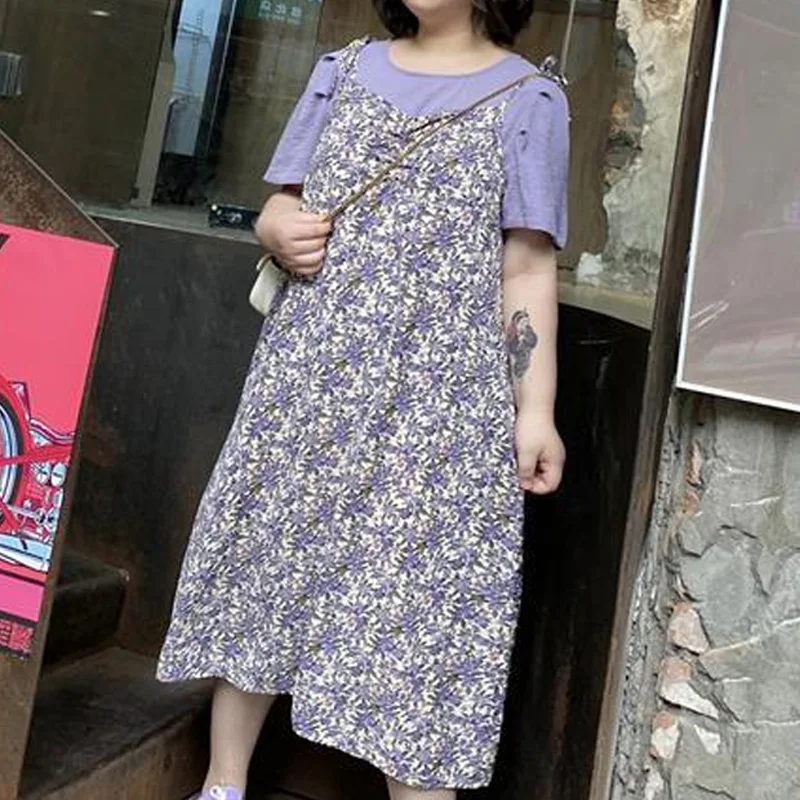 2023 Verão Novo Floral Impressão Slip Dress Set Cor Sólida das Mulheres Em Torno Do Pescoço Puff Sleeve T-shirt + Moda Solto Casual Vestidos