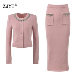 ZJYT Autumn Winter Luxury Beading Sweater and Midi Skirt Sets 2 Pieces Womens Outfit Elegant Party Suits Pink Dress Set