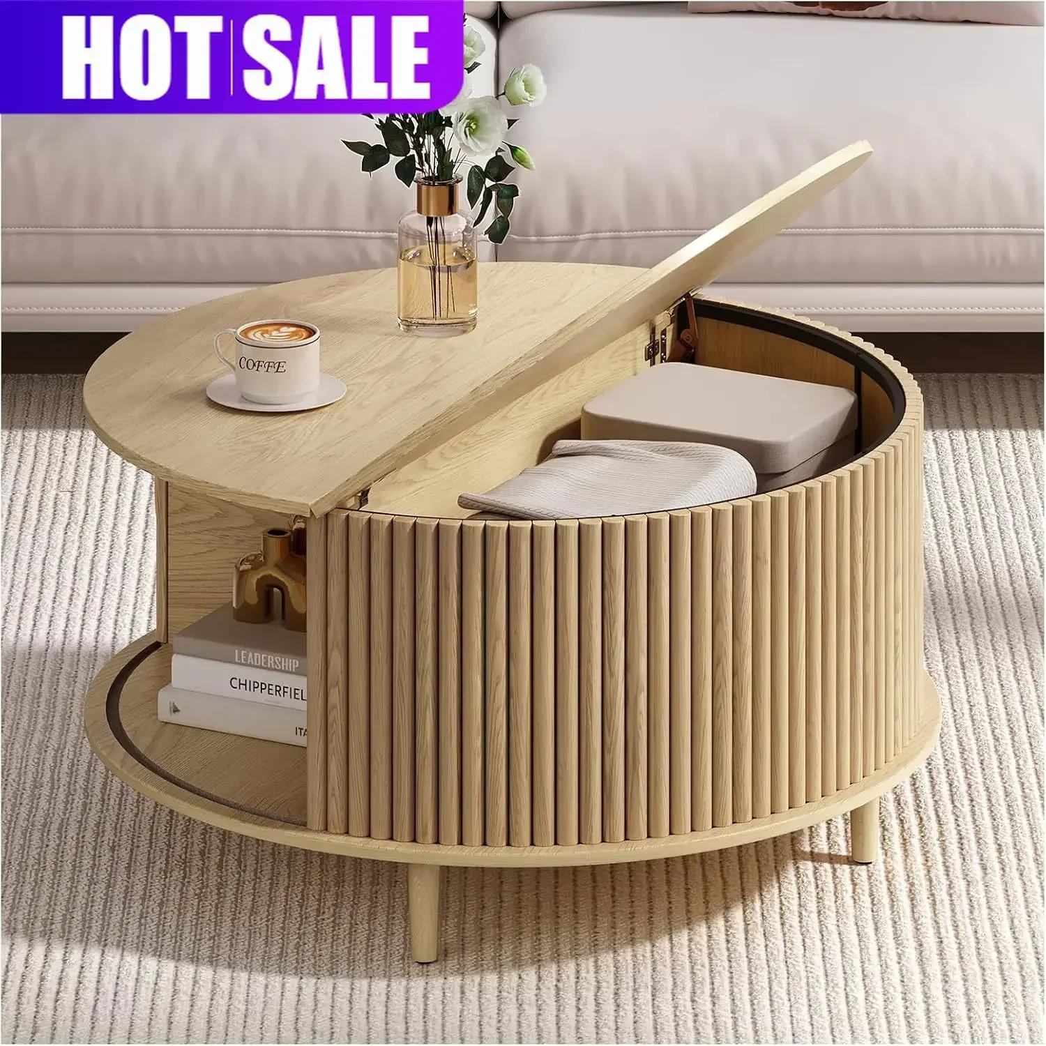 Natural Oak Fluted Round Coffee Table With Sliding Door Storage 31 5 Inch Modern Circle Drum Center Table For Living Room Small