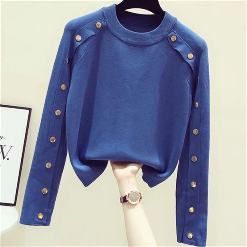 

Pullover Sweater New Button Fashion Stretch Knit Sweater women tops