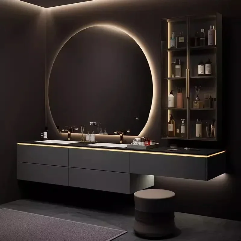 

Italian minimalist solid wood vanity bathroom cabinet combination rock slab ceramic basin washstand
