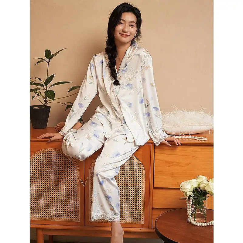 Women\'s Pajamas Sets Spring Autumn 2 Piece Flower Print Pyjama Femme Faux Silk Satin Sleepwear Long Sleeve Pijama Mujer Homewear