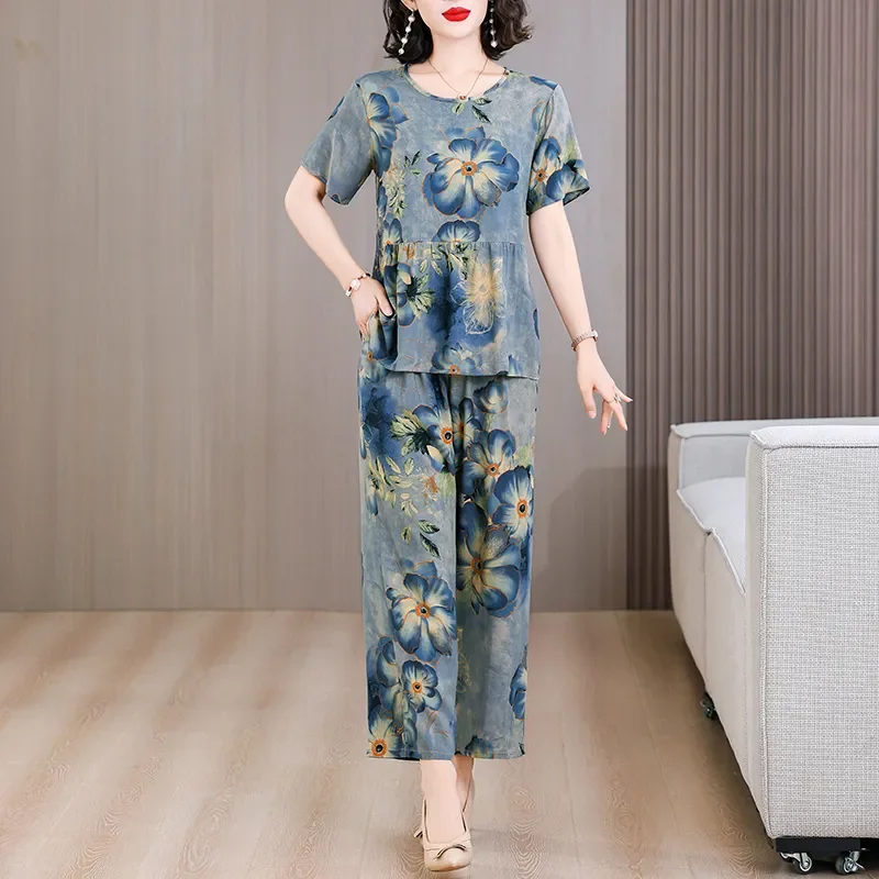 

Женский синий топ с короткими рукавами и широкие брюки с цветочным принтом, повседневный комплект из 2 предметов