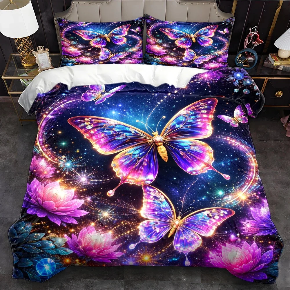 3Pc Dreamy Starry Sky Butterfly Floral Duvet Cover Set, Three-Piece Bedding Set (1*Duvet Cover + 2*Pillowcases), Suitable for All Seasons, Machine Washable, Invisible Zipper Design, Large Double Bed Cover, Suitable for Home, Dormitory, Master Bedroom, Guest Room, Colorful Light-Effect Butterfly Floral Bedding Set, Beautiful Dreamy Style Bedding with 2D Flat Print