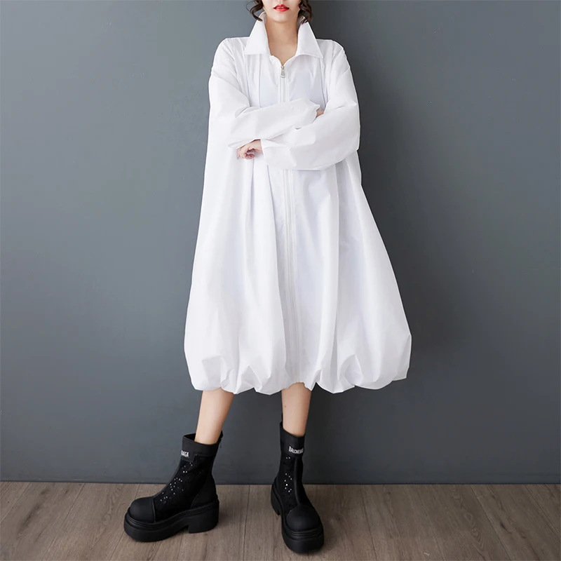 فستان ميدي فضفاض بأكمام واسعة وخصر مرن، فستان طويل الأكمام بلون واحد، تنورة على شكل حرف A من مزيج القطن والبوليستر