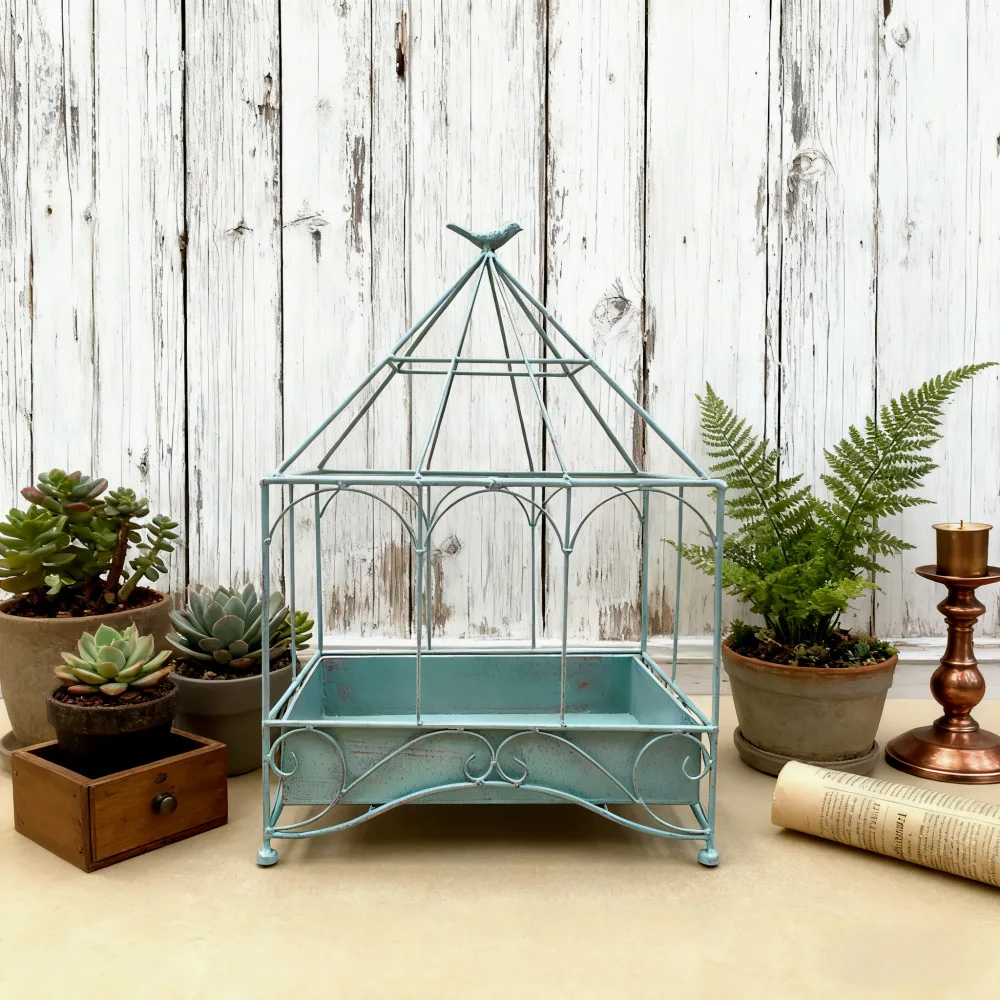 Retro and old wrought iron table top, house-shaped bird cage box, flower room flower stand, flower basket, creative
