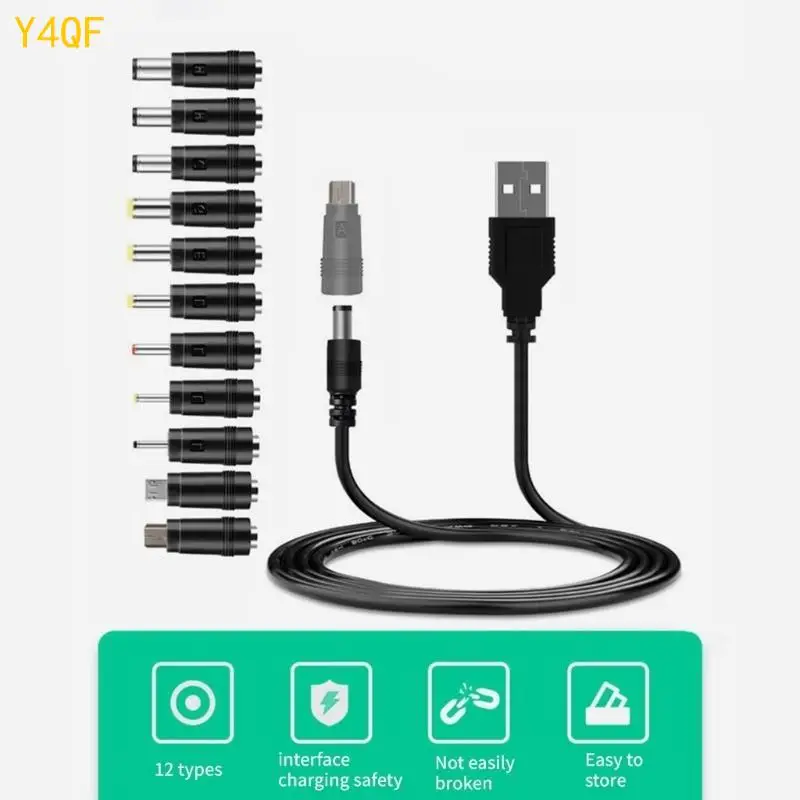 

Y4QF 1 Set USB to 5.5x2.1mm 5V Charging Cable Cord with 12pcs Adapters for Speaker Hub Splitter Desk Lamps Various Devices