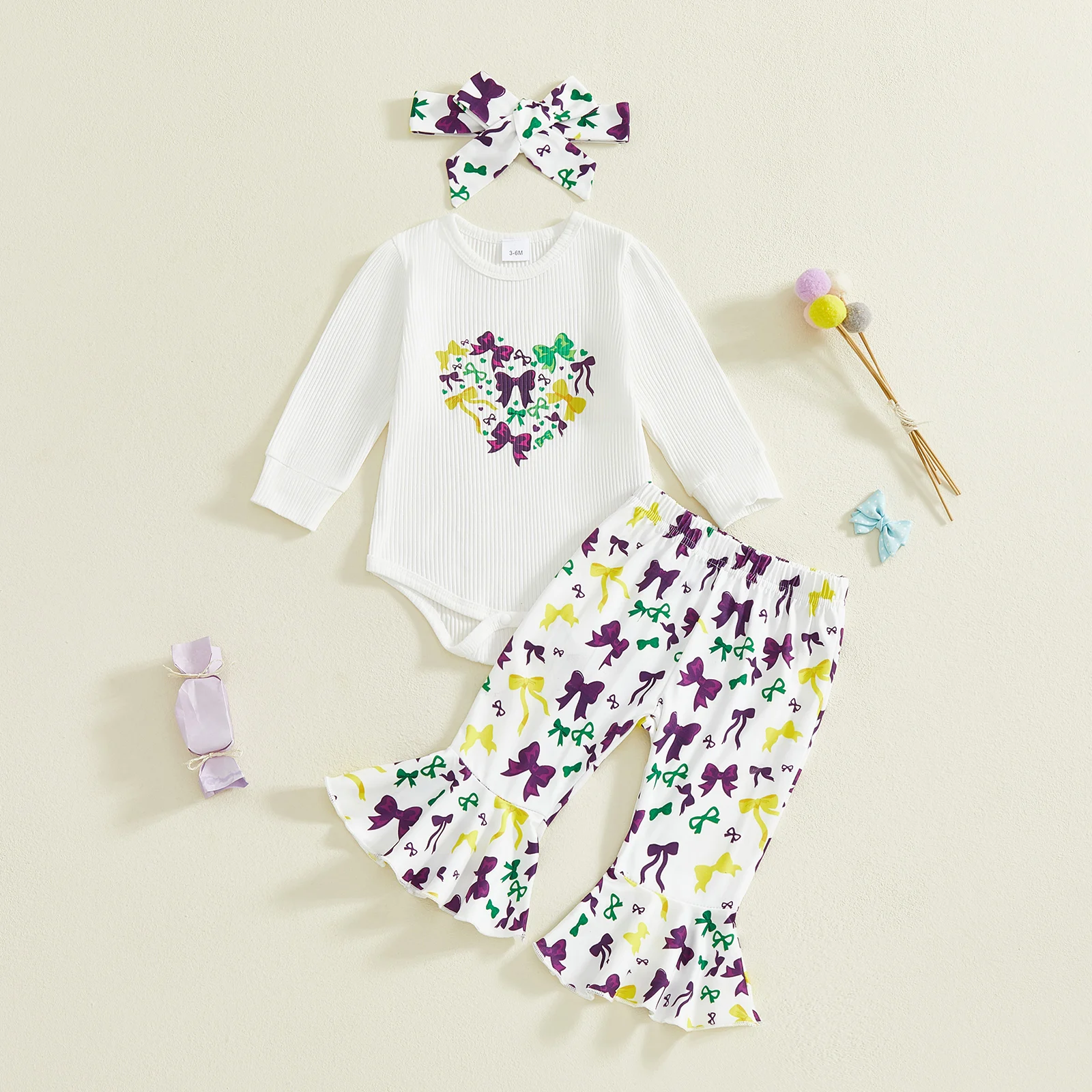 طقم بلوزات وسروال بأكمام مكشكشة وطبعة زهور لعيد الفصح للفتيات الصغيرات مع عصابة رأس متطابقة مكونة من 3 قطع لفصل الربيع #1