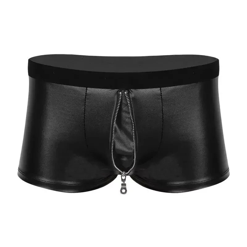 

Mens Plus Size Boxers Bright Patent Leather Lingerie Show Package Hip Underpants U-Zipper Open Crotch Sexy Underwear panties